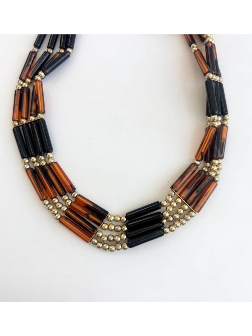 Beaded Brown, Black & Gold Toned Chunky Multi Strand Vintage Choker Necklace